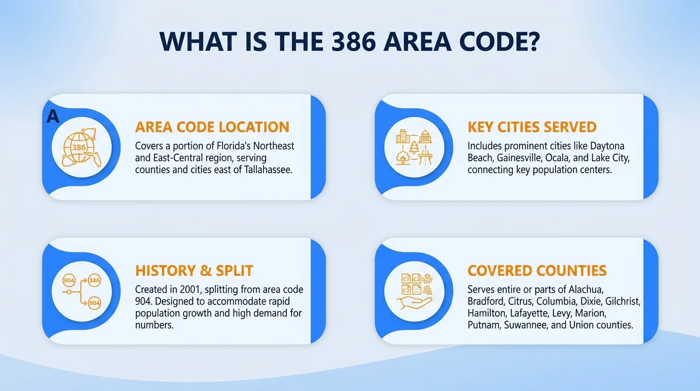 What is the 386 area code — geographic region, key cities, usage and dialing, and history and origin