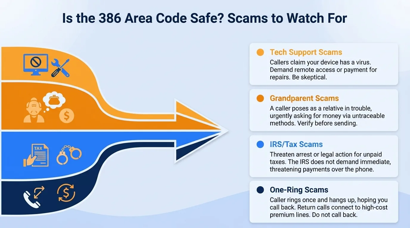 Is the 386 area code safe — government impersonation, utility disconnection threats, lottery or prize scams, and verification code requests to watch for