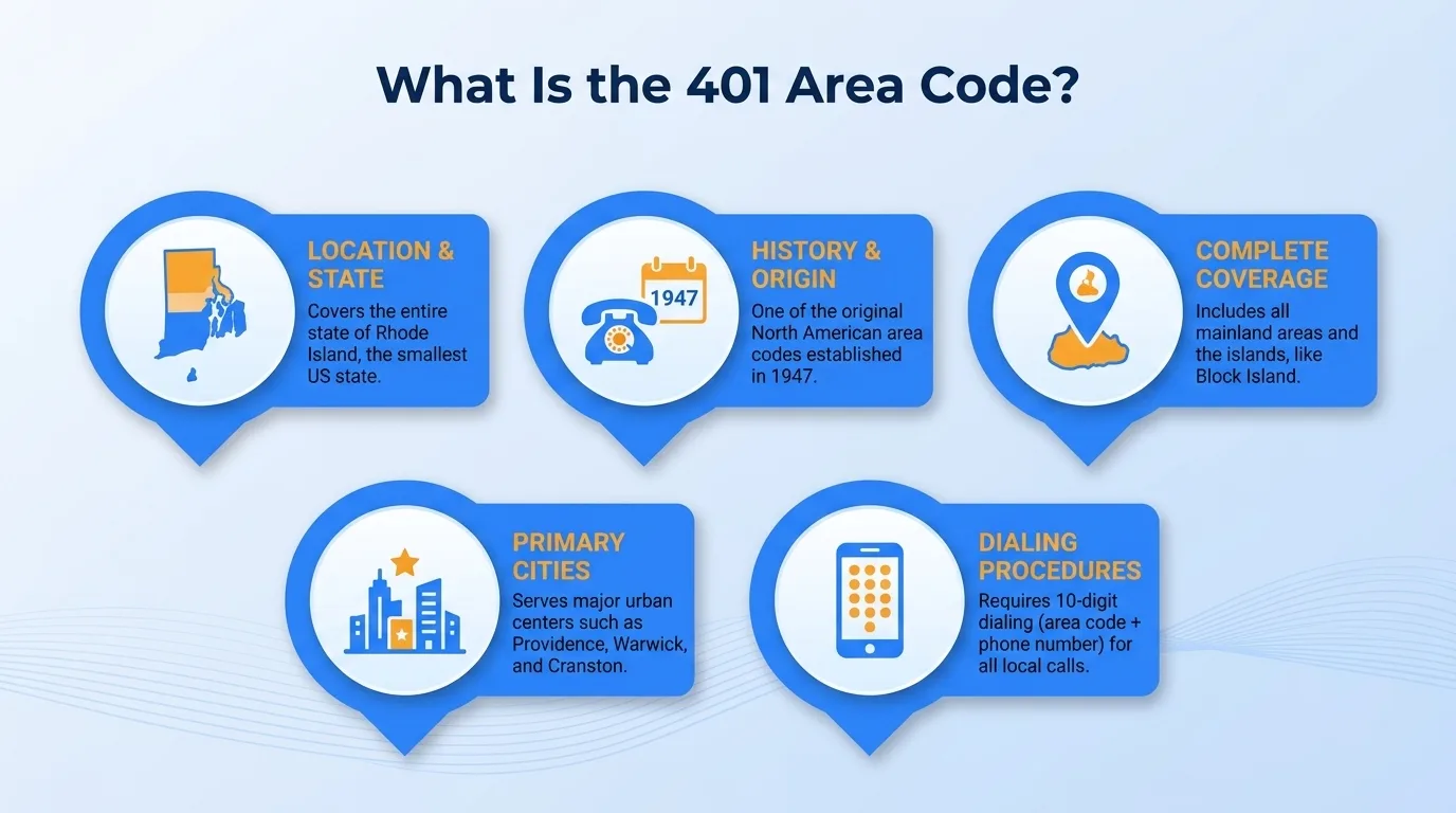 What is the 401 area code — geographic region, key cities, usage and dialing, and history and origin