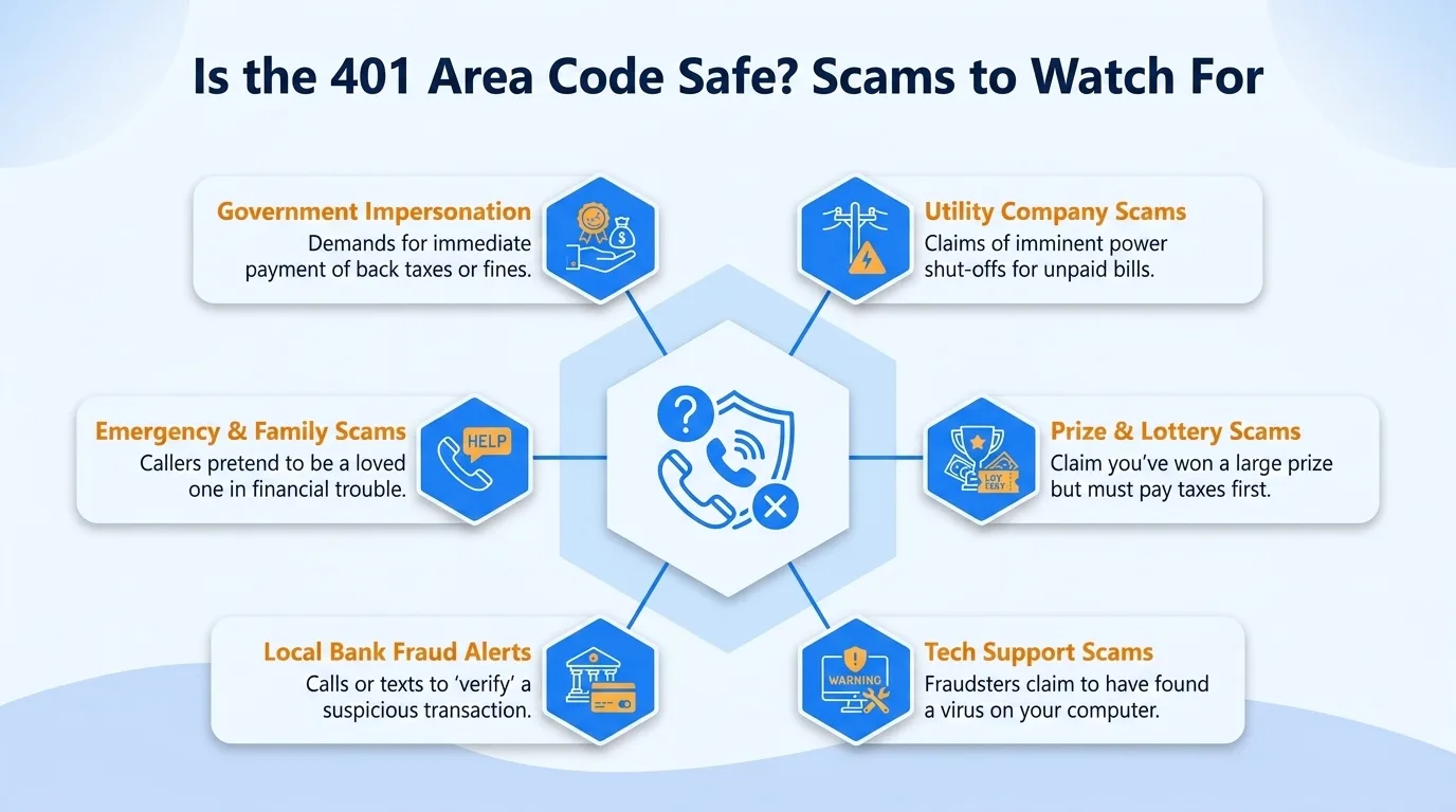 Is the 401 area code safe — government impersonation, utility disconnection threats, lottery or prize scams, and verification code requests to watch for