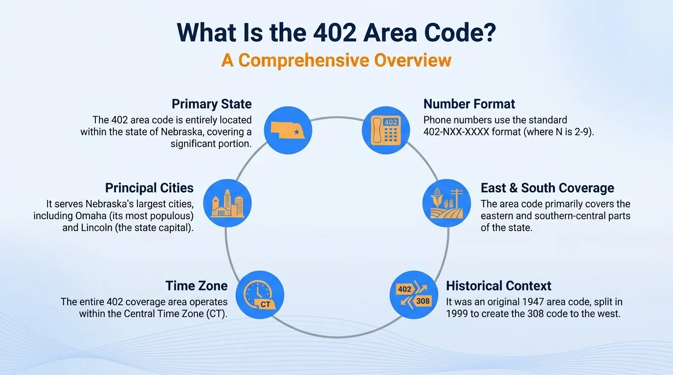 What is the 402 area code — geographic region, key cities, usage and dialing, and history and origin