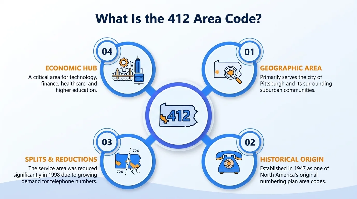 What is the 412 area code — geographic region, key cities, usage and dialing, and history and origin