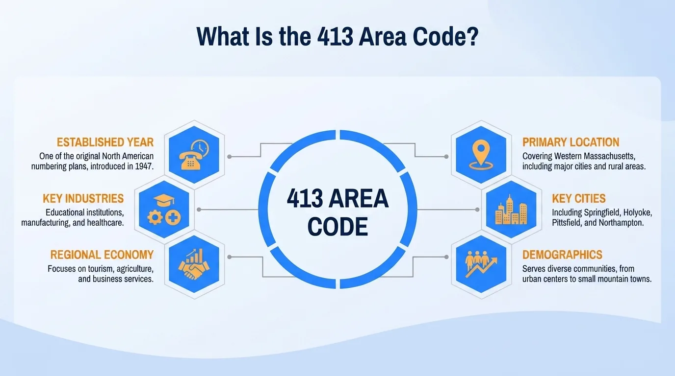 What is the 413 area code — geographic region, key cities, usage and dialing, and history and origin