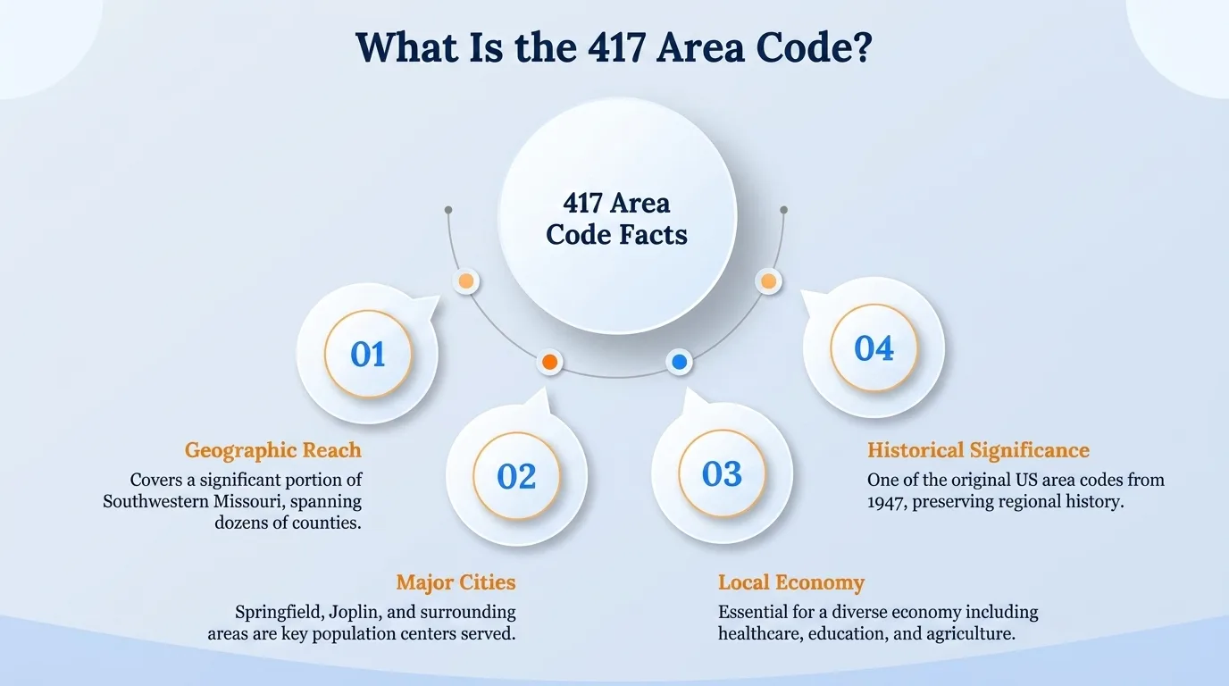 What is the 417 area code — geographic region, key cities, usage and dialing, and history and origin