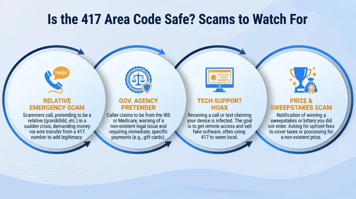 Is the 417 area code safe — government impersonation, utility disconnection threats, lottery or prize scams, and verification code requests to watch for