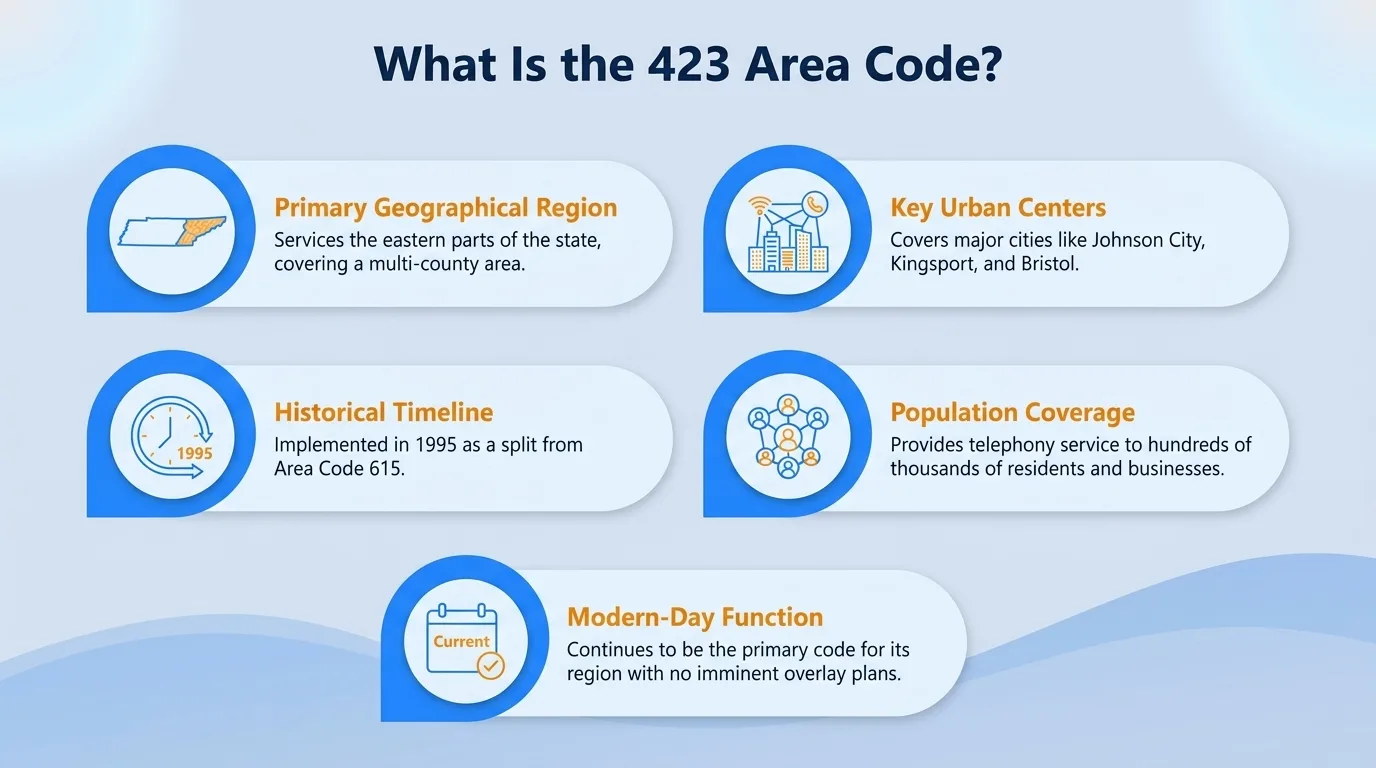 What is the 423 area code — geographic region, key cities, usage and dialing, and history and origin