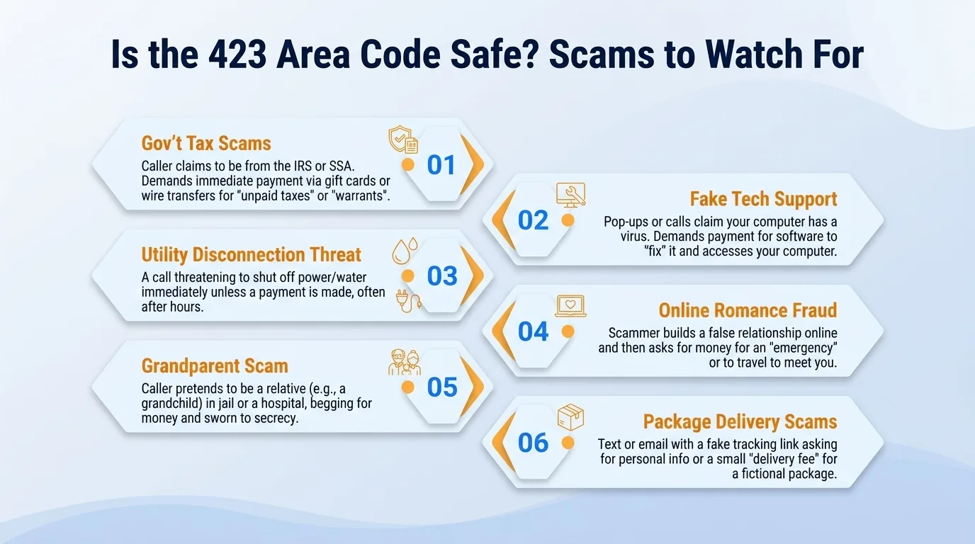 Is the 423 area code safe — government impersonation, utility disconnection threats, lottery or prize scams, and verification code requests to watch for