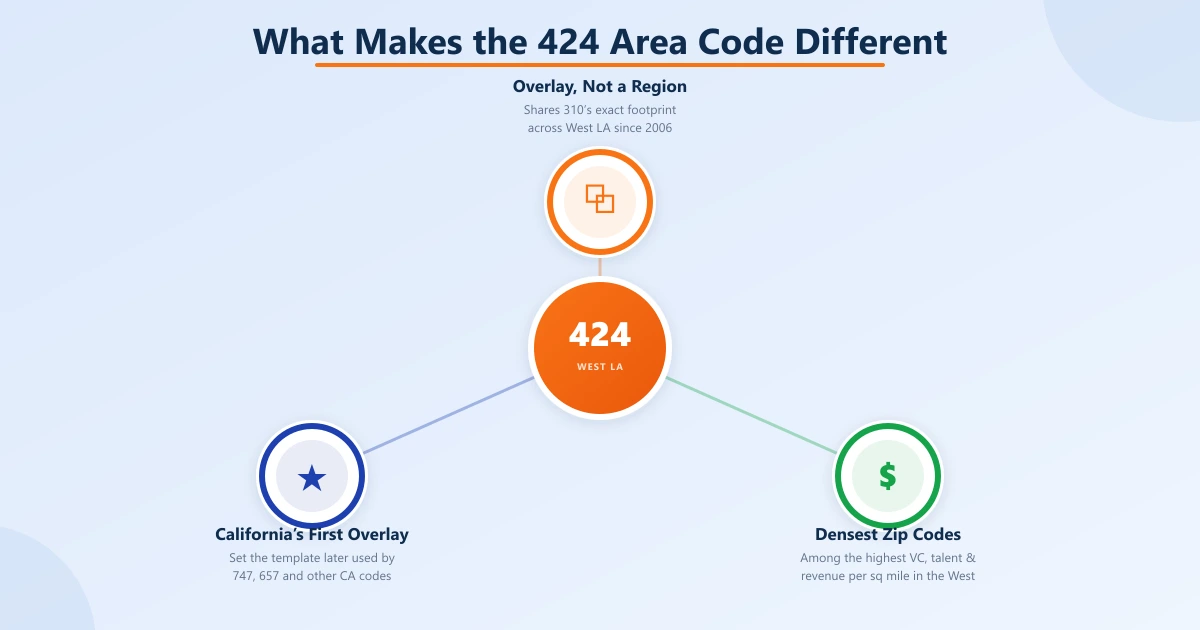Hub-and-spoke diagram with a 424 / West LA center and three distinguishing traits: an overlay (not a separate region), California's first overlay, and the densest zip codes in the West