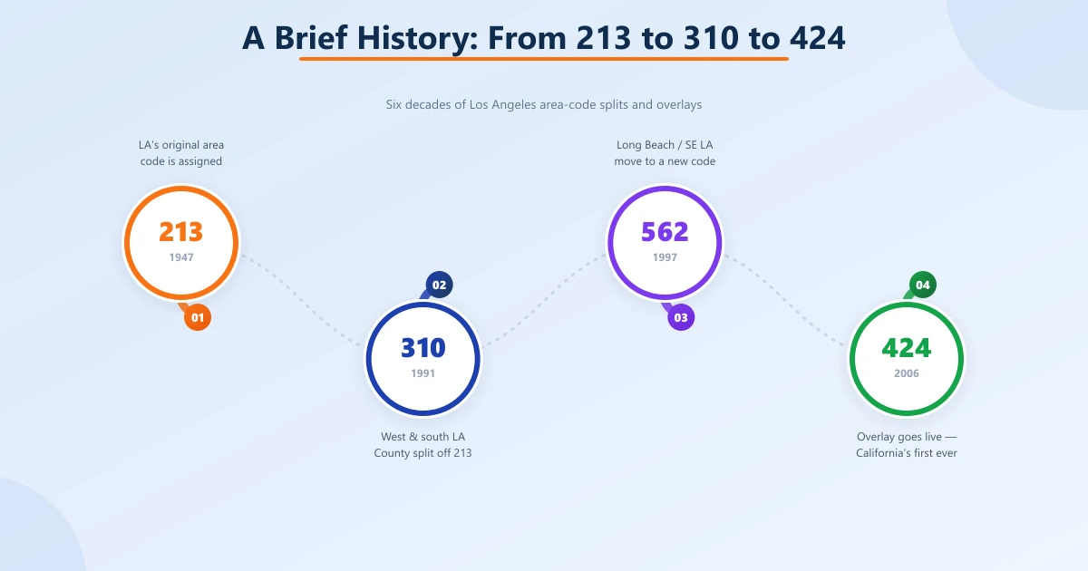 Timeline of Los Angeles area codes — 213 (1947), 310 (1991), 562 (1997), and the 424 overlay (2006), California's first-ever overlay