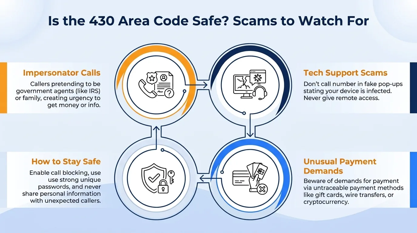 Is the 430 area code safe — government impersonation, utility disconnection threats, lottery or prize scams, and verification code requests to watch for