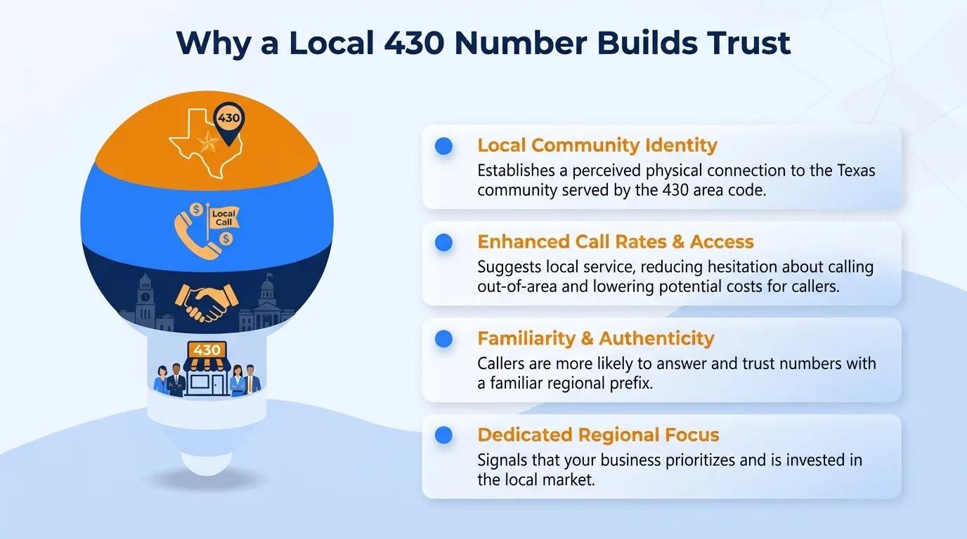 Why a local 430 number builds trust — community connection, familiarity, perceived stability, community support, localized knowledge, and reduced barriers