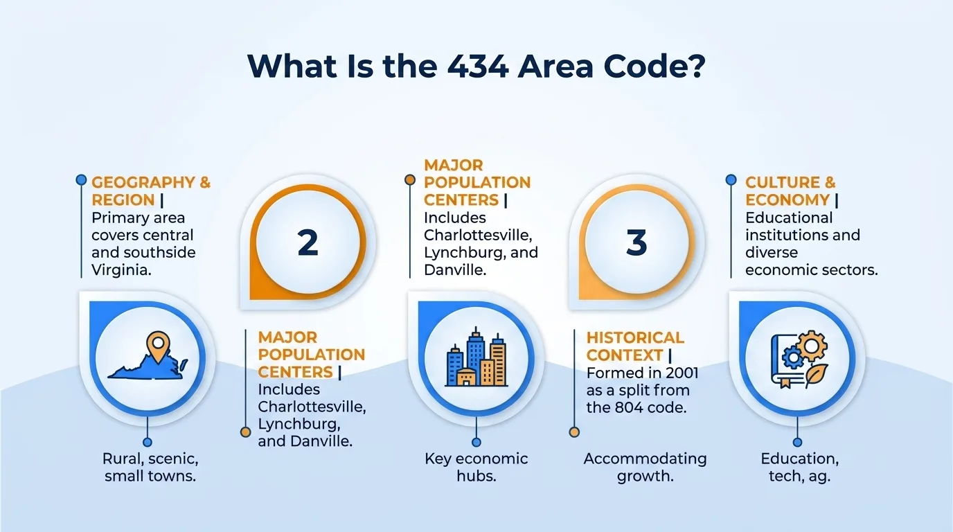 What is the 434 area code — geographic region, key cities, usage and dialing, and history and origin