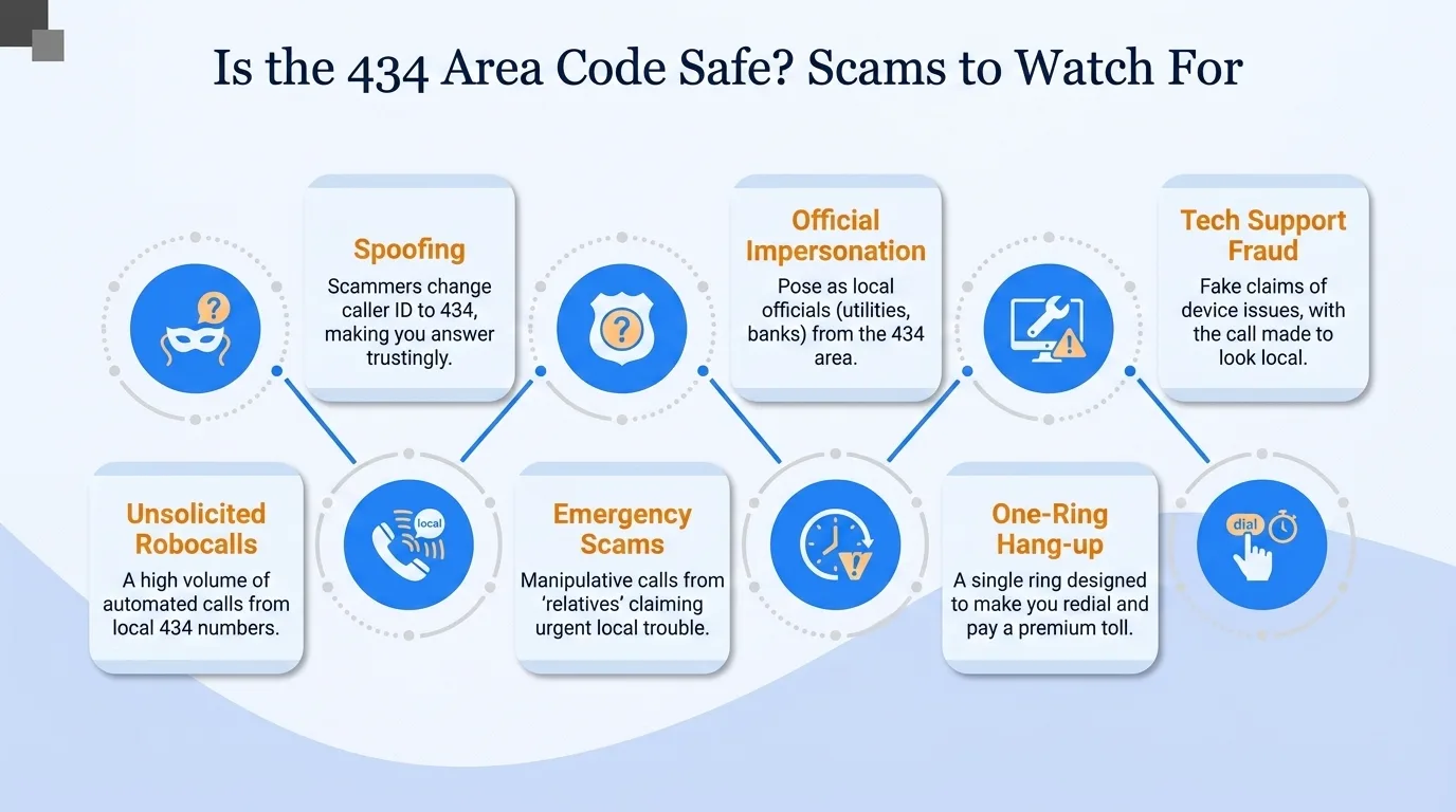 Is the 434 area code safe — government impersonation, utility disconnection threats, lottery or prize scams, and verification code requests to watch for