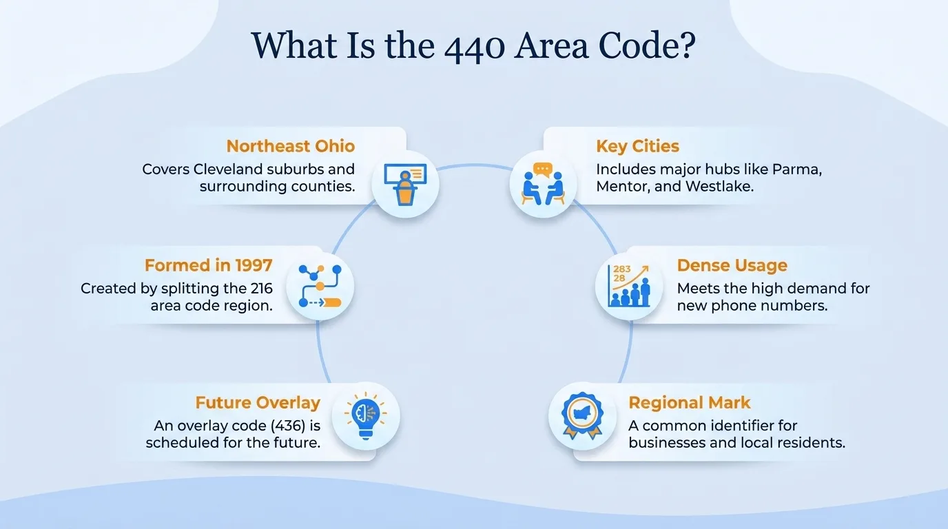 What is the 440 area code — geographic region, key cities, usage and dialing, and history and origin