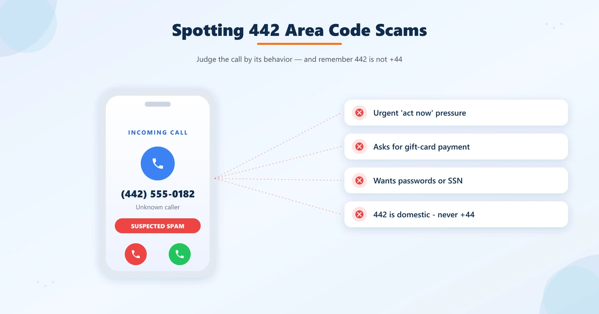 442 area code scam red flags including neighbor spoofing, utility shut-off threats, and the +44 look-alike