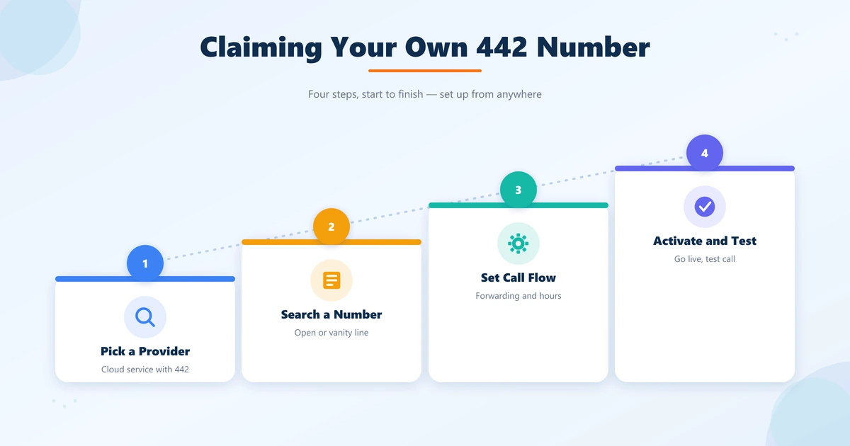 Four steps to claim a 442 number: pick a provider, search a number, set your call flow, and activate