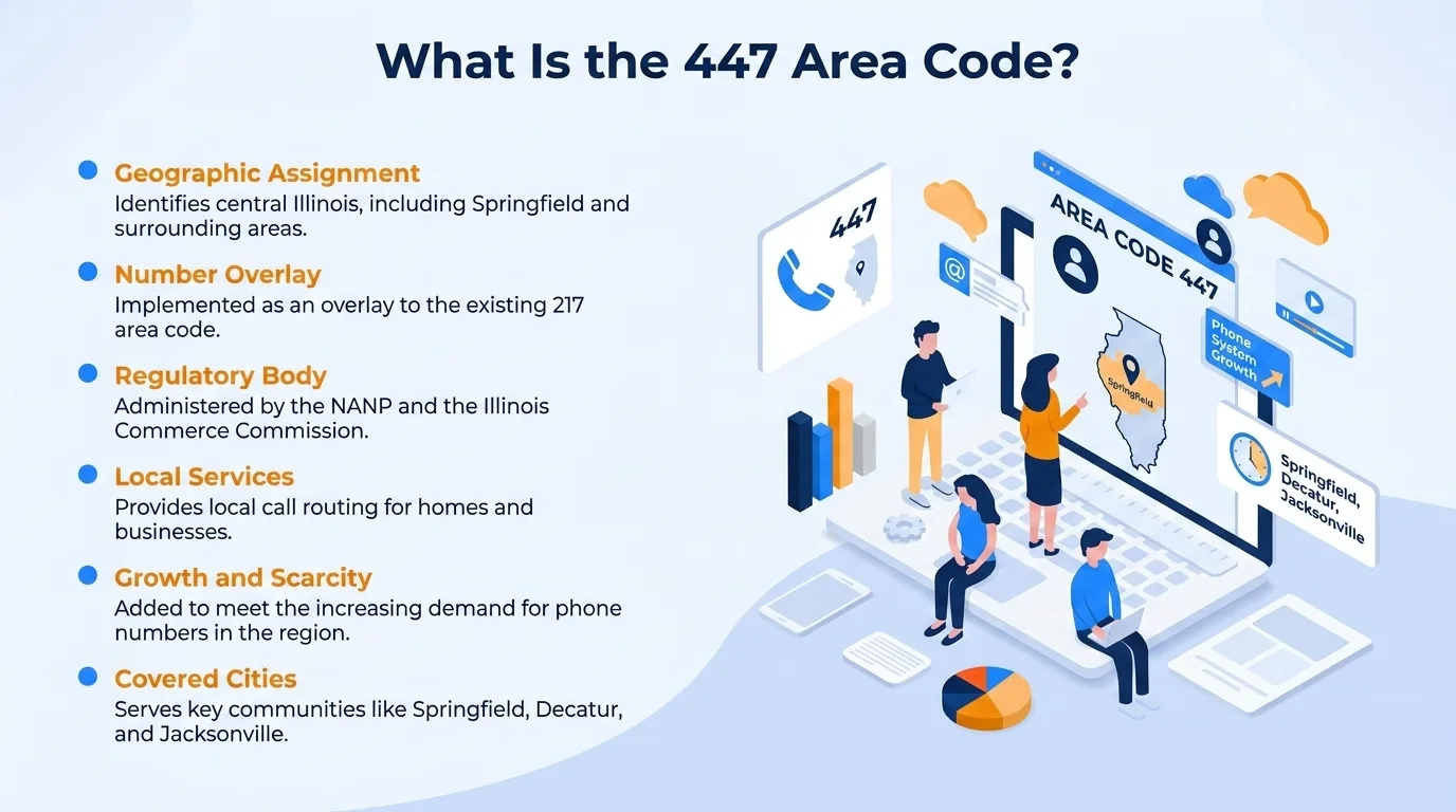 What is the 447 area code — geographic region, key cities, usage and dialing, and history and origin