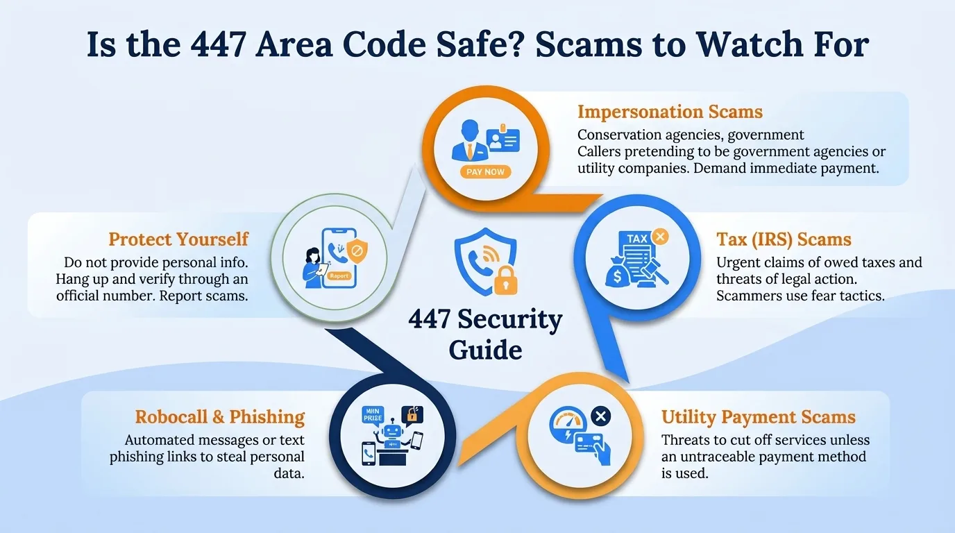 Is the 447 area code safe — government impersonation, utility disconnection threats, lottery or prize scams, and verification code requests to watch for