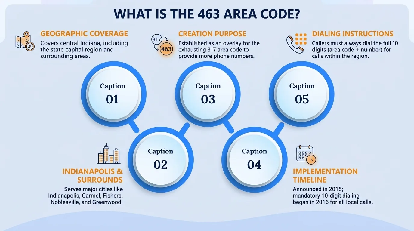What is the 463 area code — geographic region, key cities, usage and dialing, and history and origin