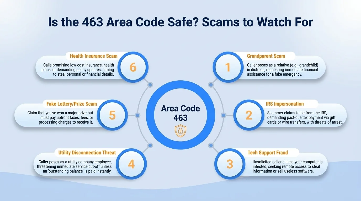 Is the 463 area code safe — government impersonation, utility disconnection threats, lottery or prize scams, and verification code requests to watch for