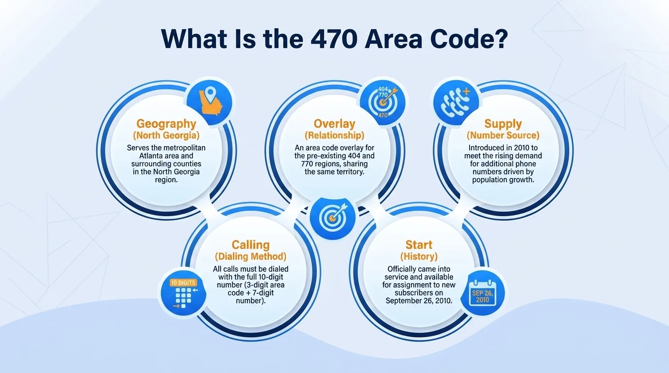 What is the 470 area code — geographic region, key cities, usage and dialing, and history and origin