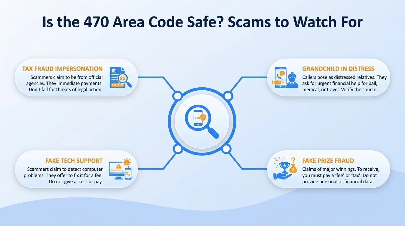Is the 470 area code safe — government impersonation, utility disconnection threats, lottery or prize scams, and verification code requests to watch for