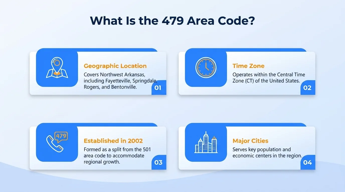 What is the 479 area code — geographic region, key cities, usage and dialing, and history and origin