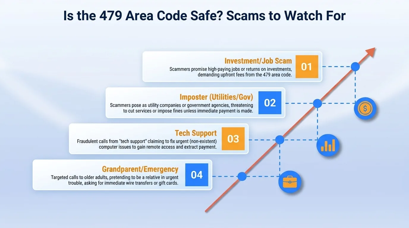 Is the 479 area code safe — government impersonation, utility disconnection threats, lottery or prize scams, and verification code requests to watch for