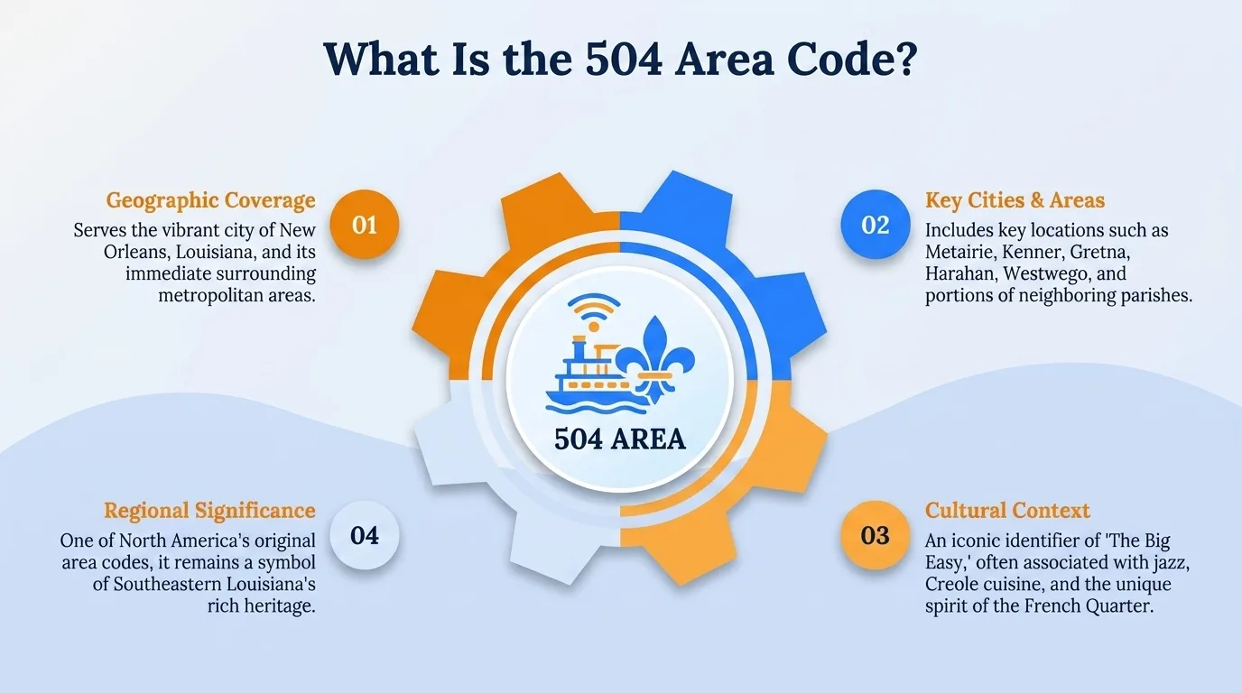 What is the 504 area code — geographic region, key cities, usage and dialing, and history and origin