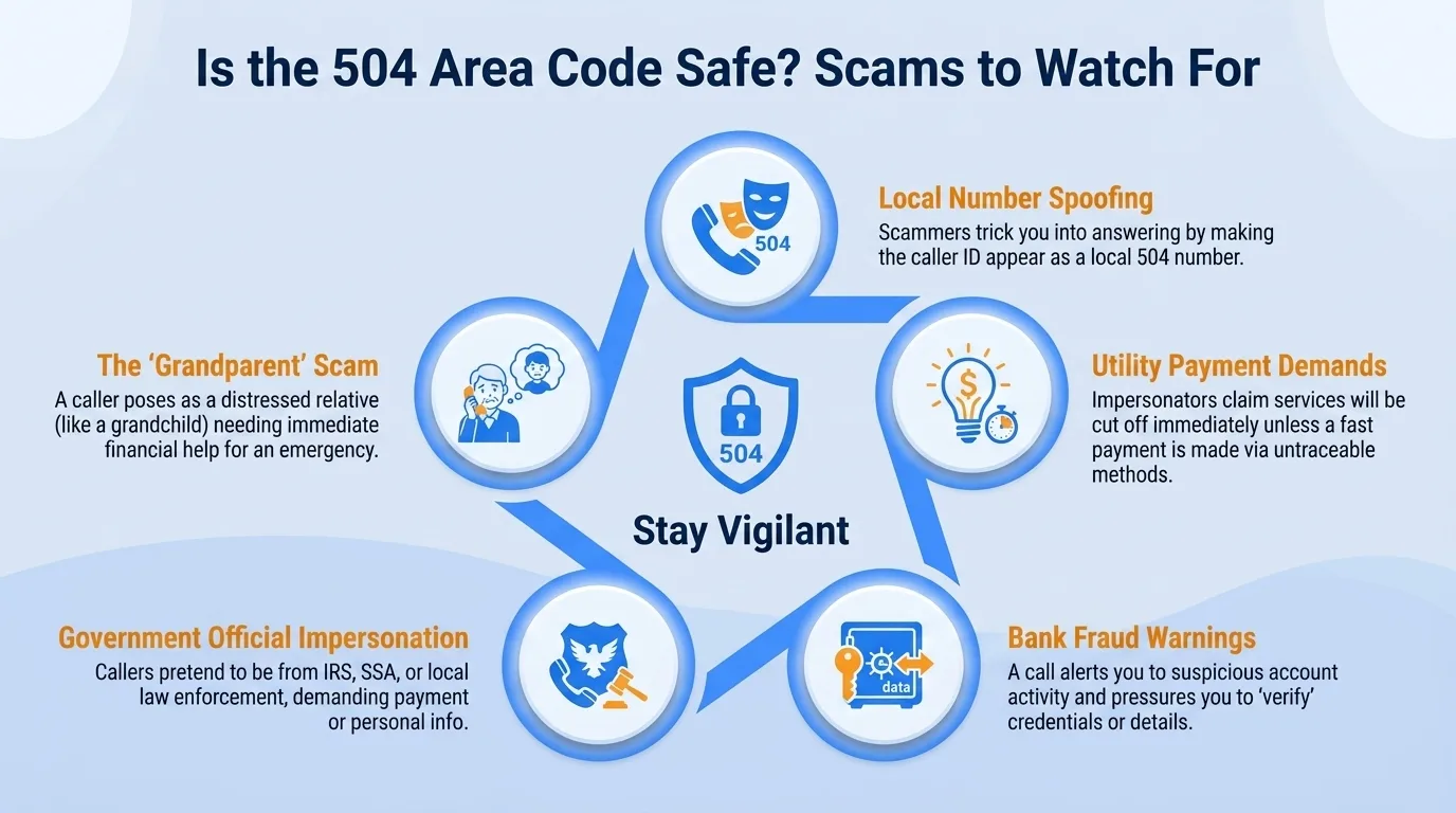 Is the 504 area code safe — government impersonation, utility disconnection threats, lottery or prize scams, and verification code requests to watch for