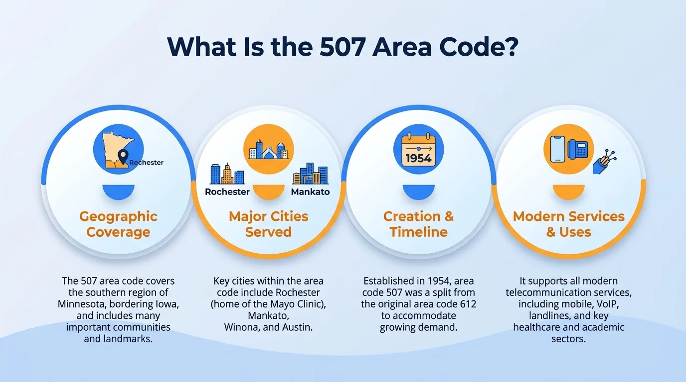What is the 507 area code — geographic region, key cities, usage and dialing, and history and origin