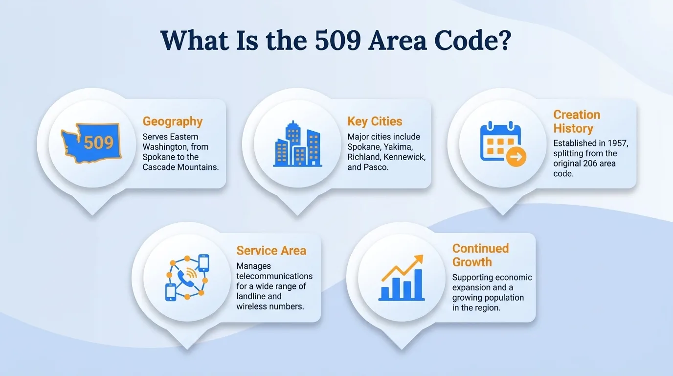 What is the 509 area code — geographic region, key cities, usage and dialing, and history and origin