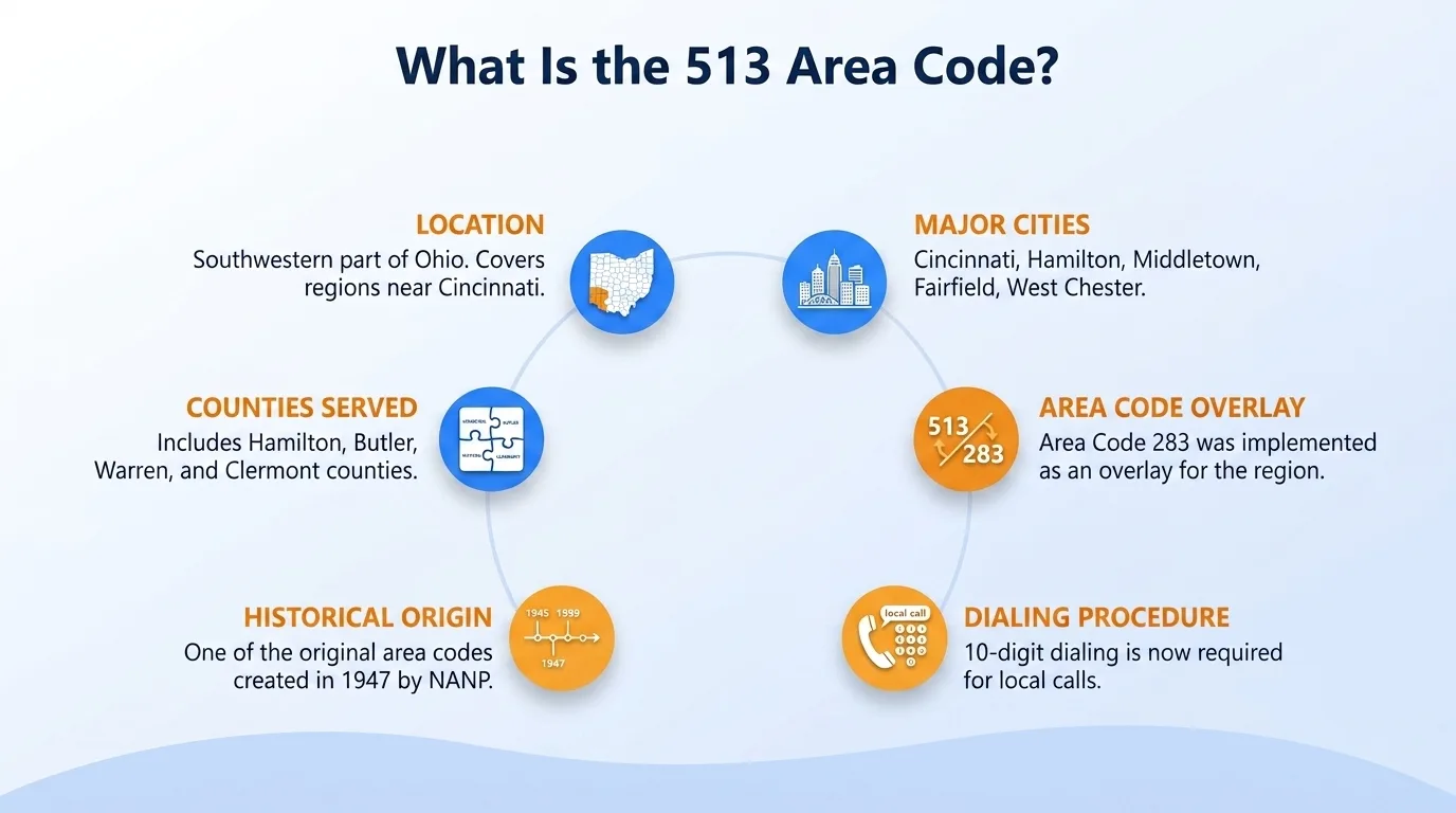 What is the 513 area code — geographic region, key cities, usage and dialing, and history and origin