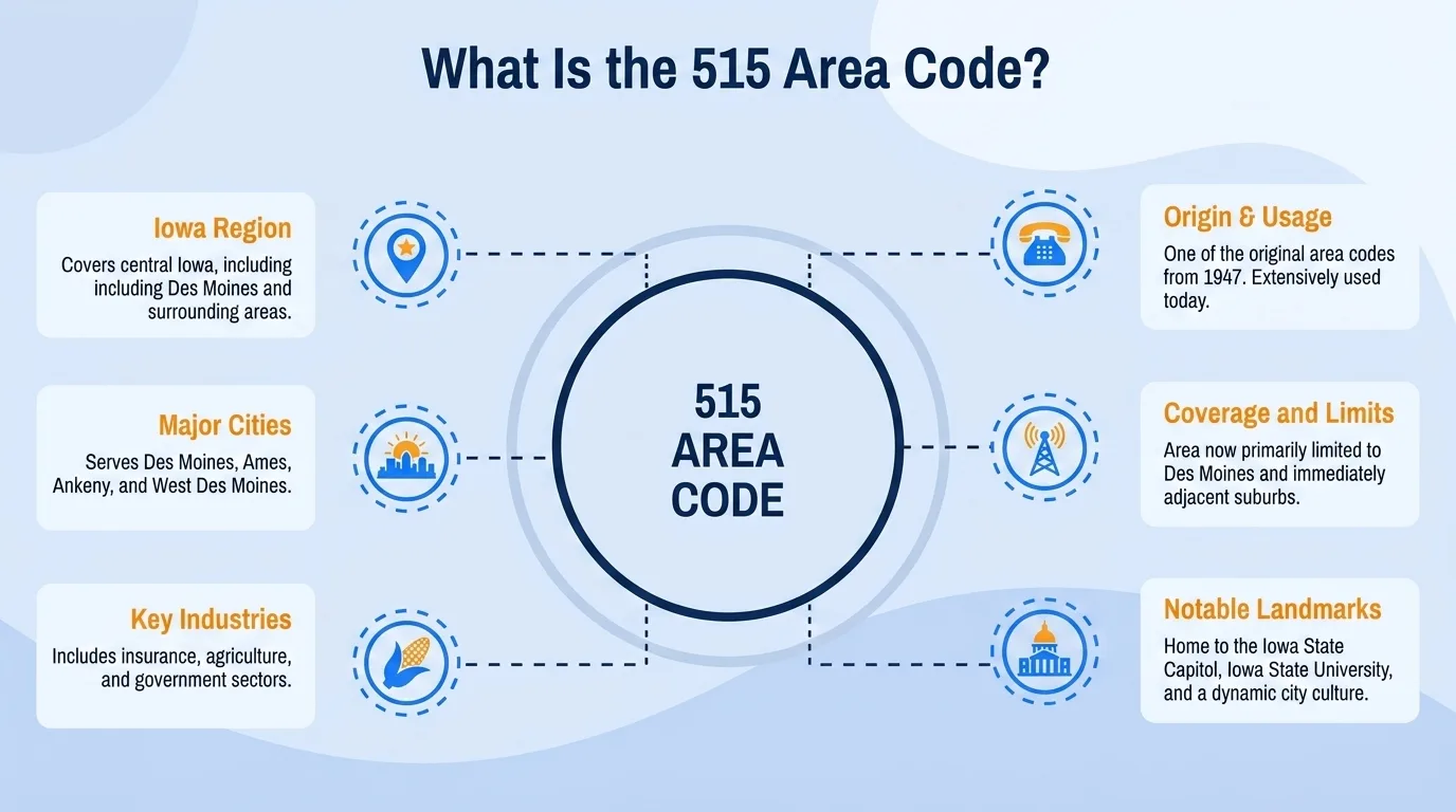 What is the 515 area code — geographic region, key cities, usage and dialing, and history and origin