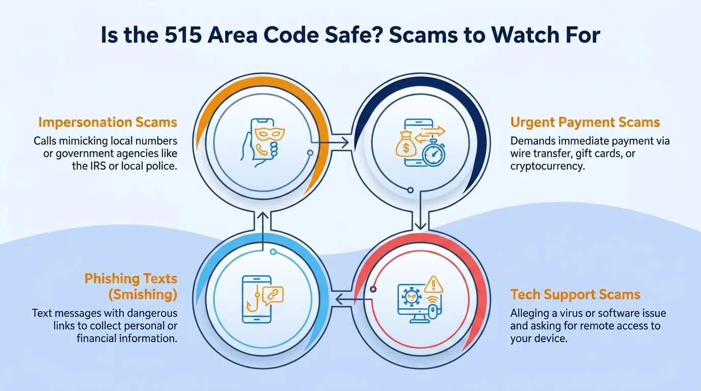 Is the 515 area code safe — government impersonation, utility disconnection threats, lottery or prize scams, and verification code requests to watch for