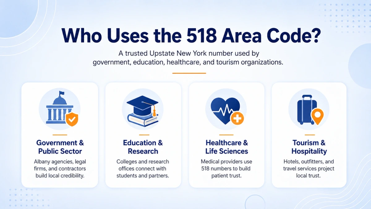 Who uses the 518 area code Albany government education healthcare