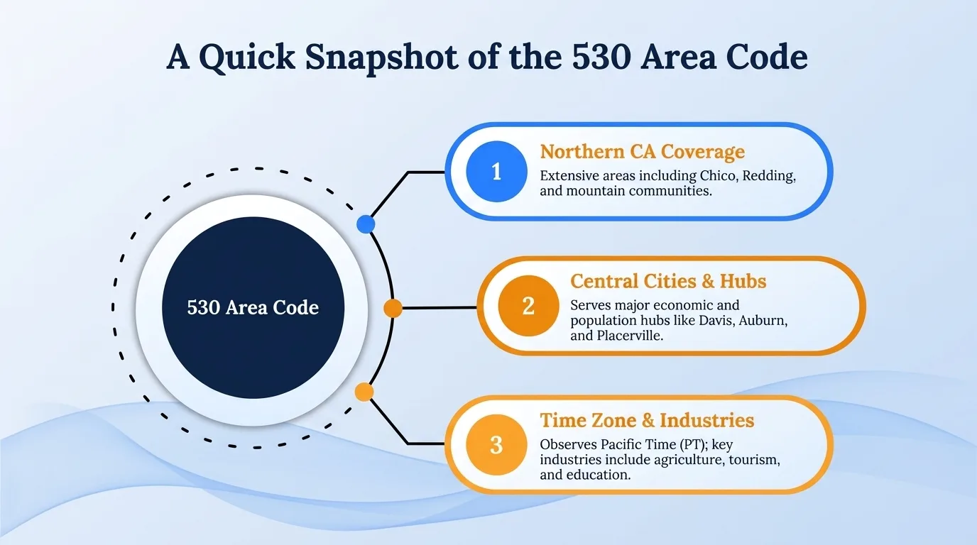 A quick snapshot of the 530 area code — geographic region, key cities, usage and dialing, and history and origin