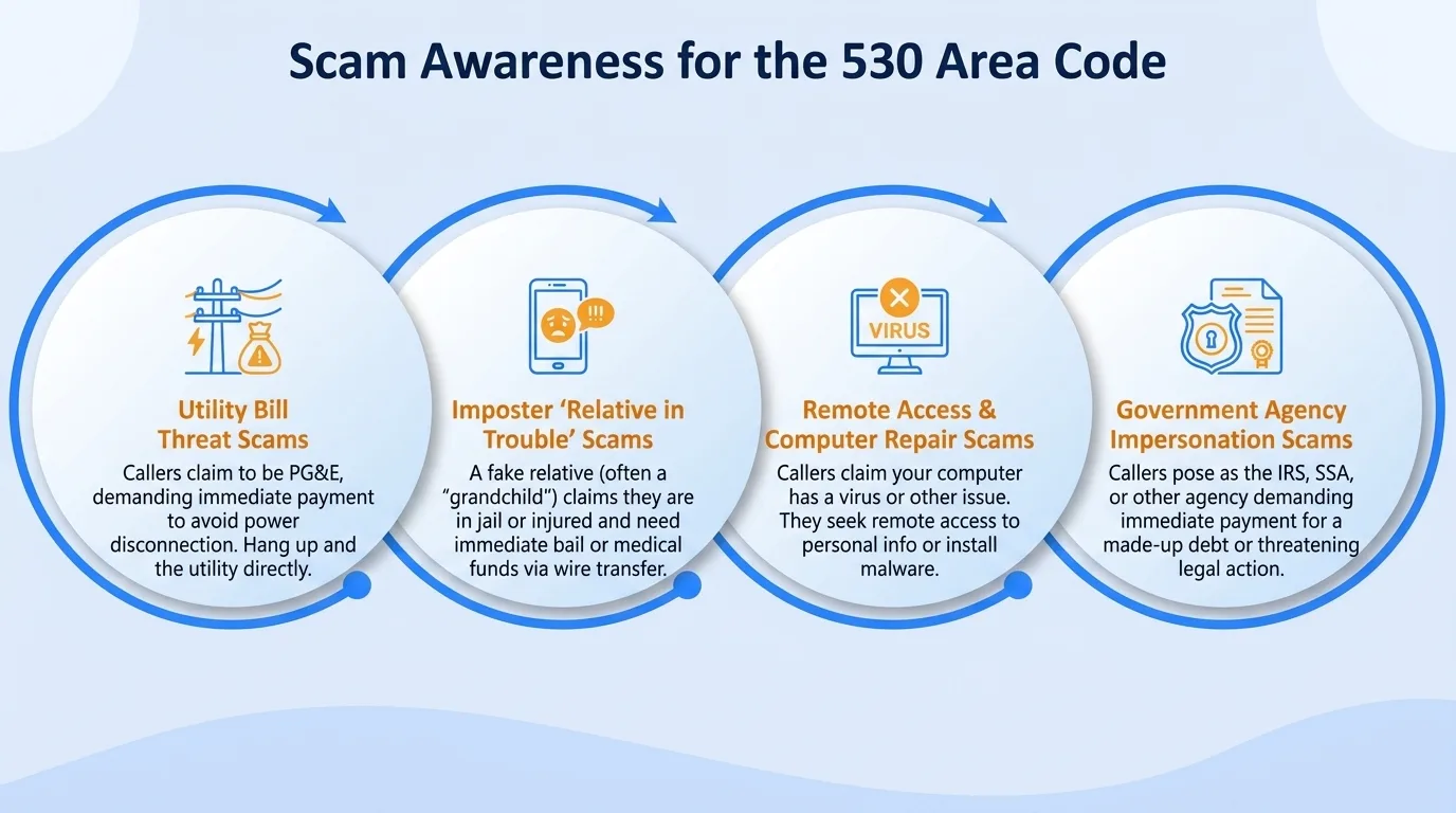 Scam awareness for the 530 area code — government impersonation, utility disconnection threats, lottery or prize scams, and verification code requests to watch for