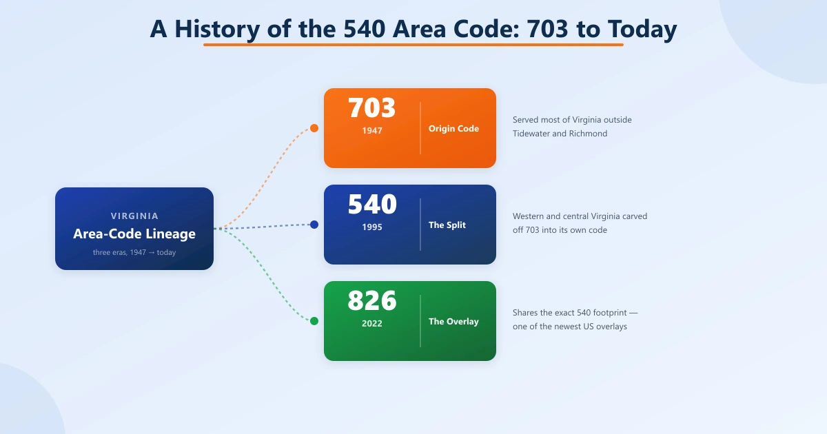 Virginia area-code lineage branching to three eras: 703 (1947 origin), 540 (1995 split off 703), and the 826 overlay (2022)