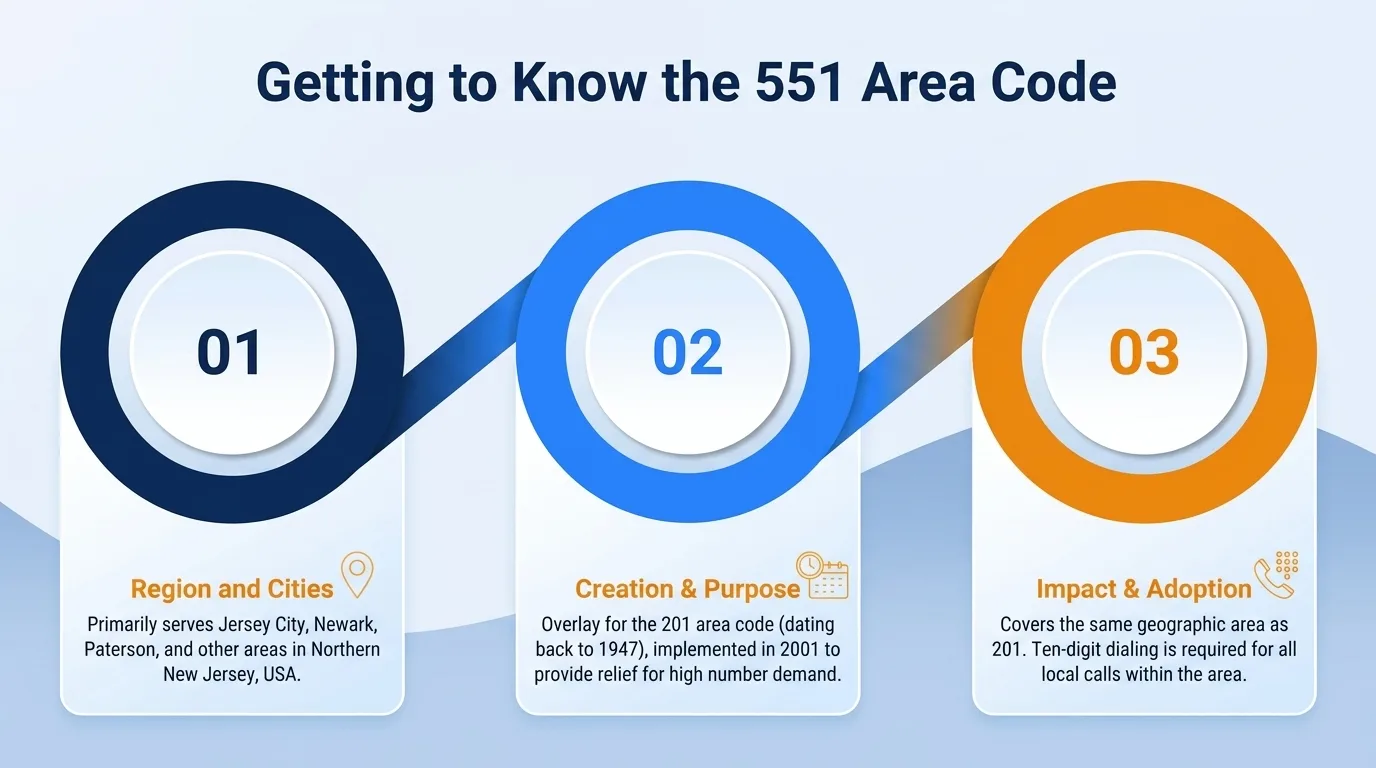 Getting to know the 551 area code — geographic region, key cities, usage and dialing, and history and origin