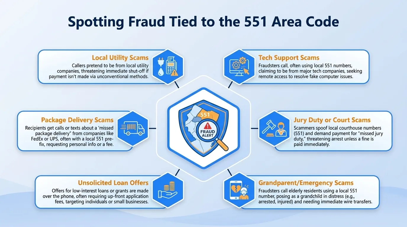 Spotting fraud tied to the 551 area code — government impersonation, utility disconnection threats, lottery or prize scams, and verification code requests to watch for