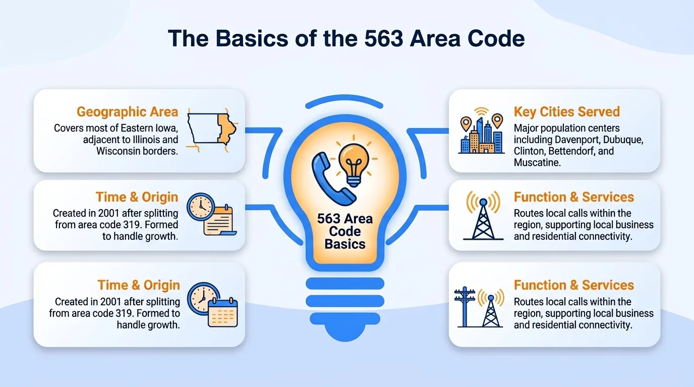 The basics of the 563 area code — geographic region, key cities, usage and dialing, and history and origin