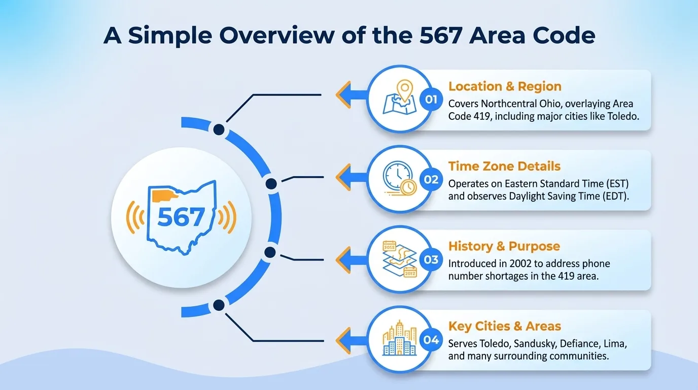 A simple overview of the 567 area code — geographic region, key cities, usage and dialing, and history and origin