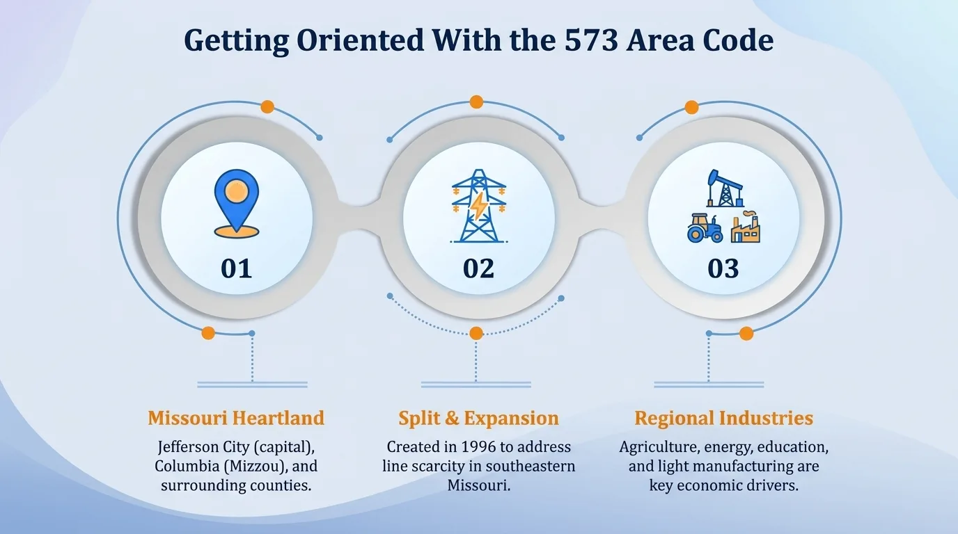 Getting oriented with the 573 area code — geographic region, key cities, usage and dialing, and history and origin