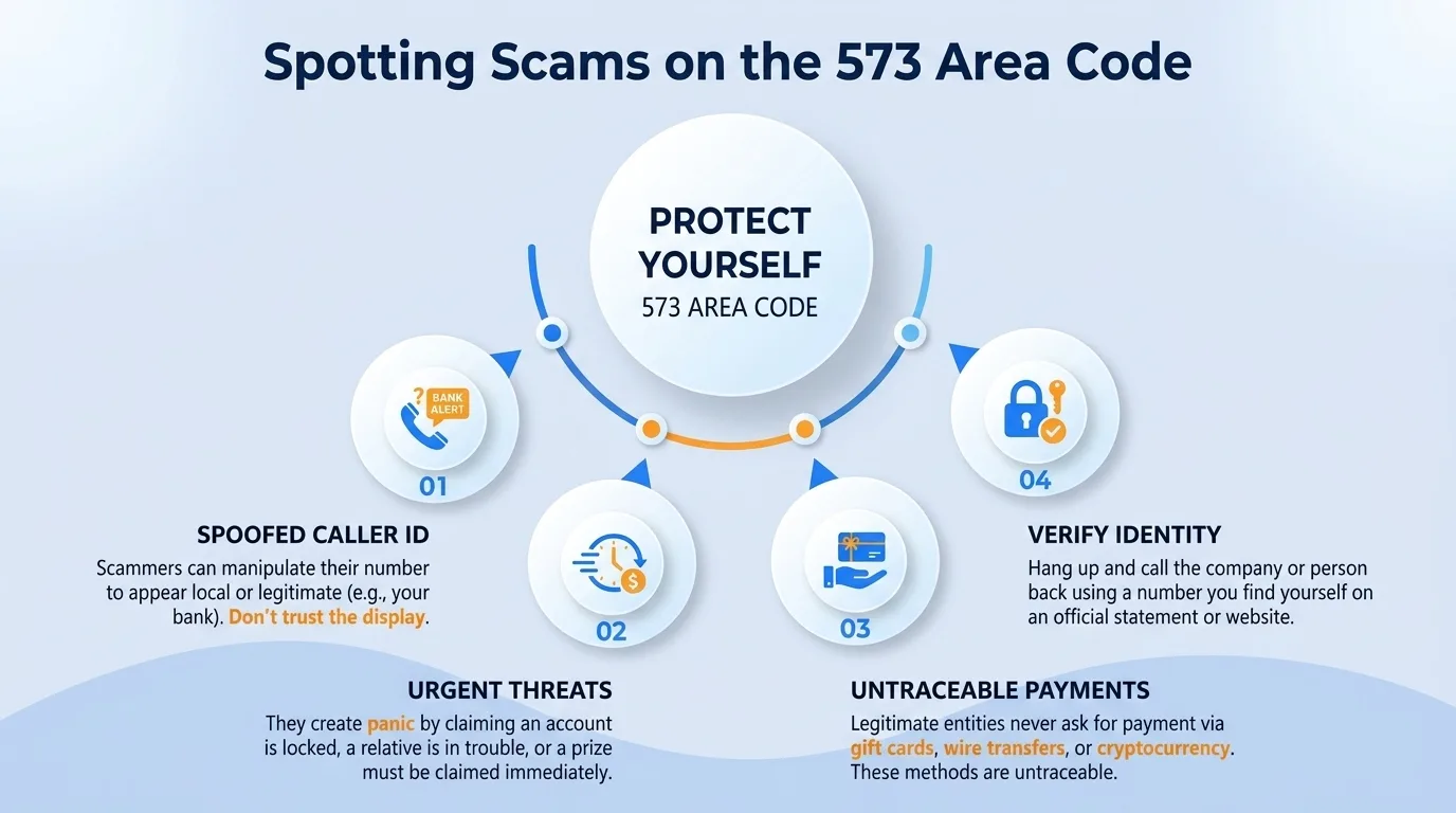 Spotting scams on the 573 area code — government impersonation, utility disconnection threats, lottery or prize scams, and verification code requests to watch for