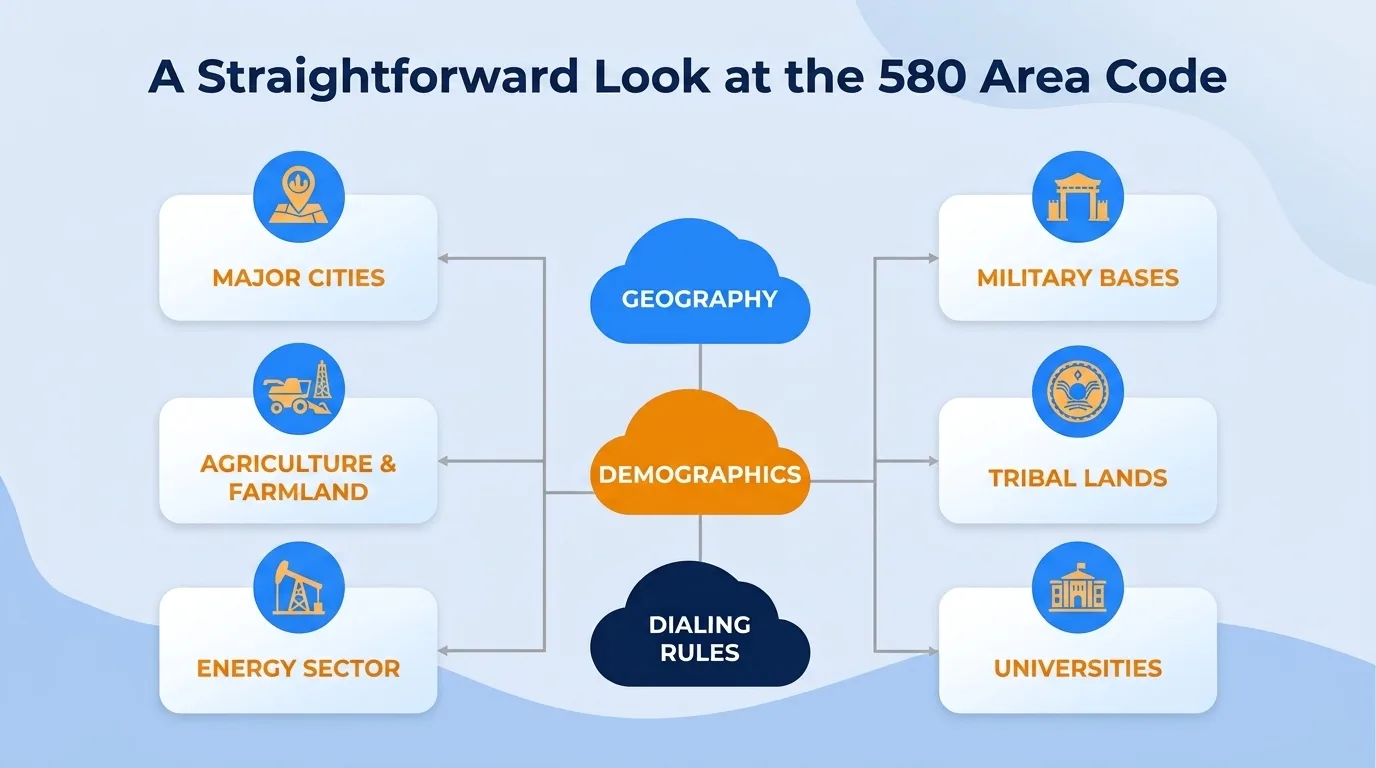 A straightforward look at the 580 area code — geographic region, key cities, usage and dialing, and history and origin