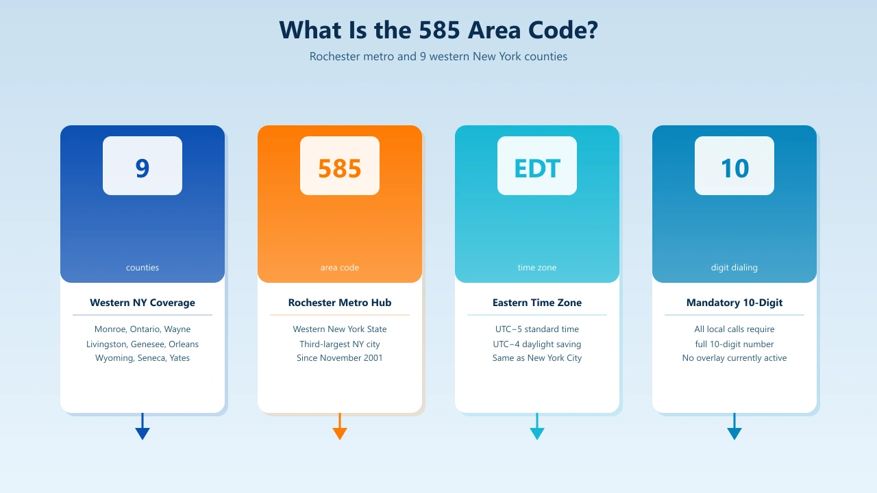 585 area code map showing Rochester New York Monroe Ontario Wayne Livingston Genesee Orleans Wyoming Seneca Yates counties coverage