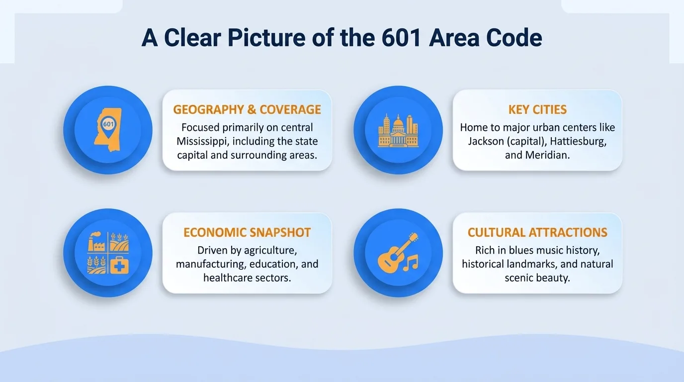 A clear picture of the 601 area code — geographic region, key cities, usage and dialing, and history and origin