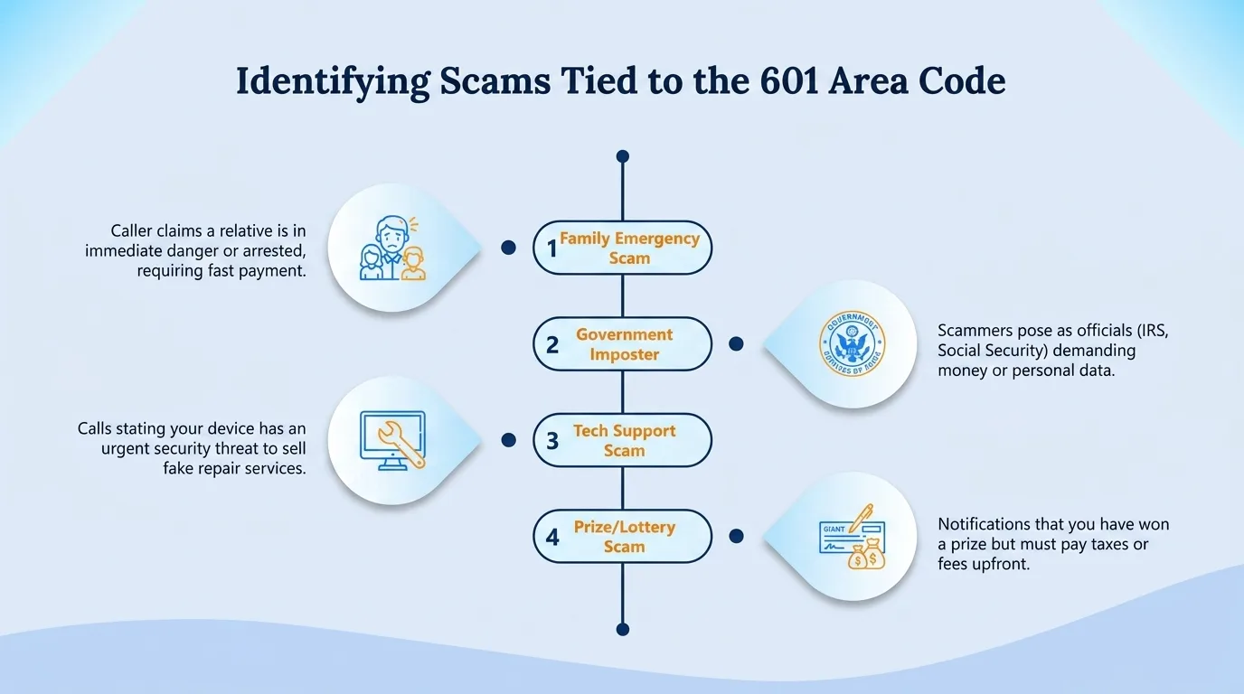 Identifying scams tied to the 601 area code — government impersonation, utility disconnection threats, lottery or prize scams, and verification code requests to watch for
