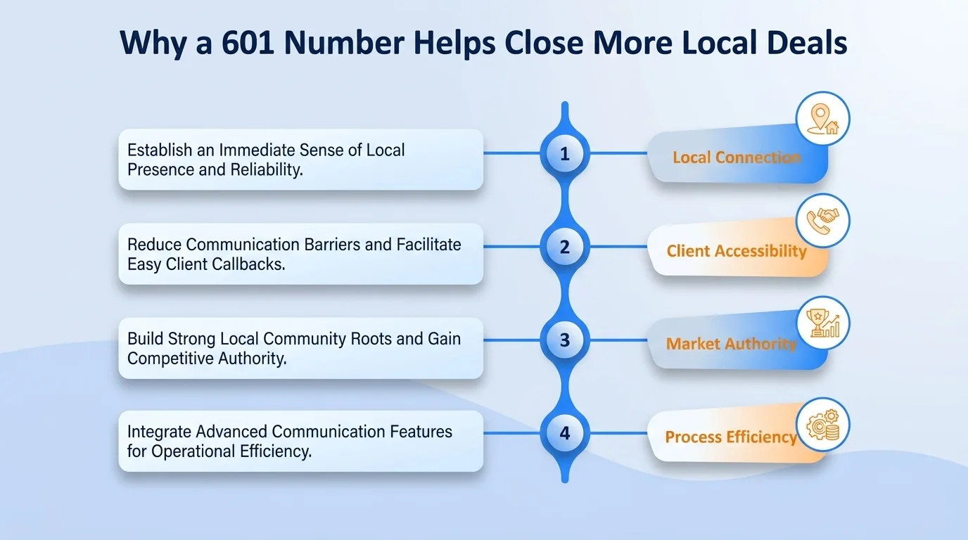 Why a 601 number helps close more local deals — community connection, familiarity, perceived stability, community support, localized knowledge, and reduced barriers